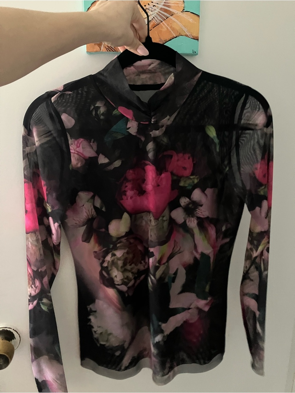 Sheer Black mesh Floral print Long-Sleeve Women's Top double lined inner lining